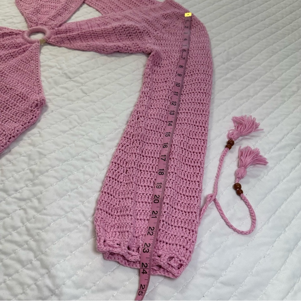 Beginning Boutique Long Sleeves Drawstrings Cut Out Pink Crochet Mini Dress - Picture 8 of 16
